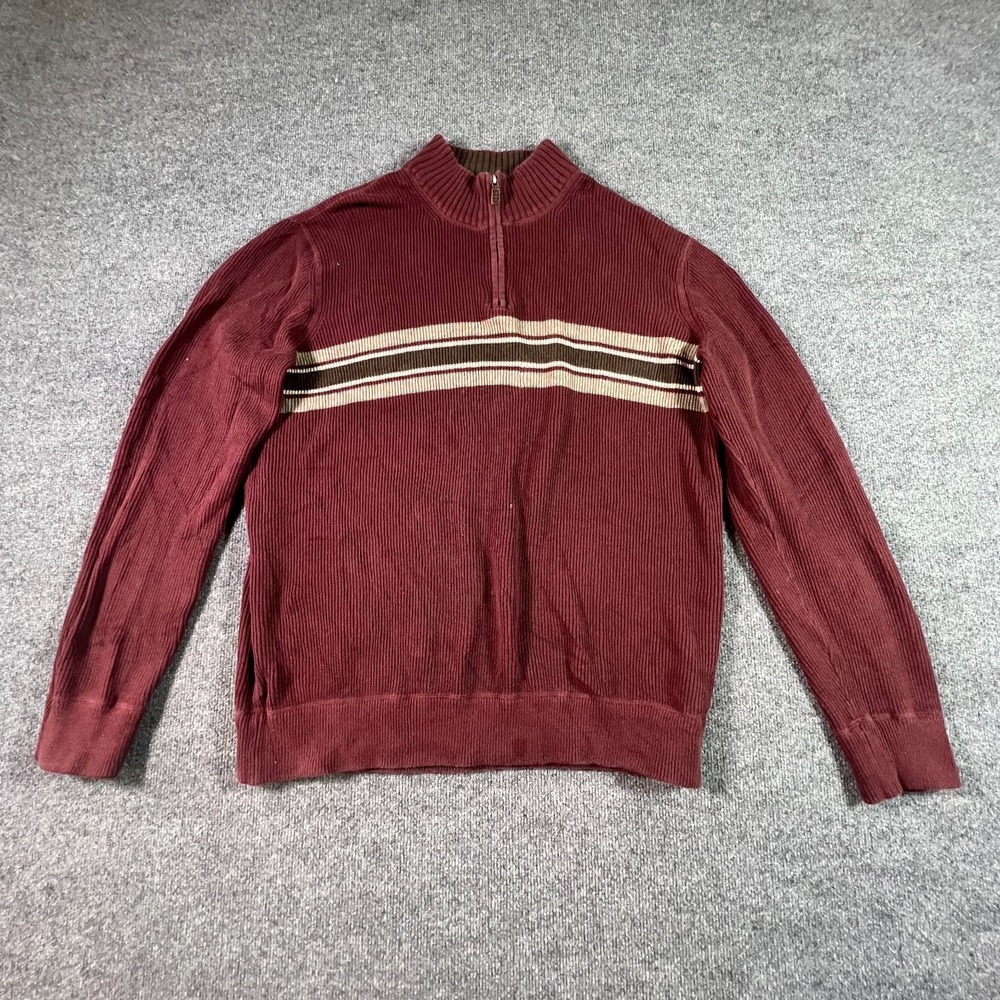 Eddie Bauer Sweater Men's 2XLT Red Cotton Ribbed-Knit Striped Winter Quarter-Zip